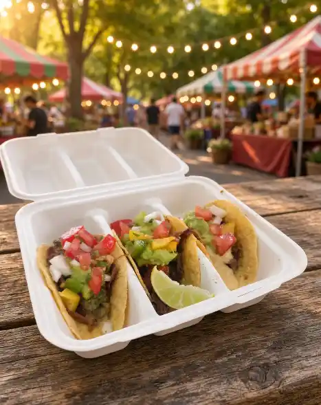 Three Freak Eats tacos in a takeaway box