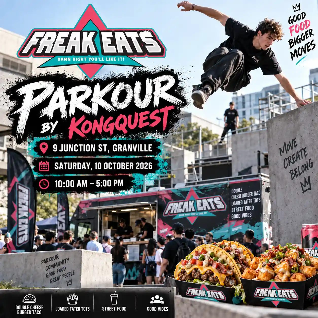 Freak Eats food truck at Parkour by Kongquest, 9 Junction St, Granville – Saturday 10 October 2026, 10:00 AM to 5:00 PM